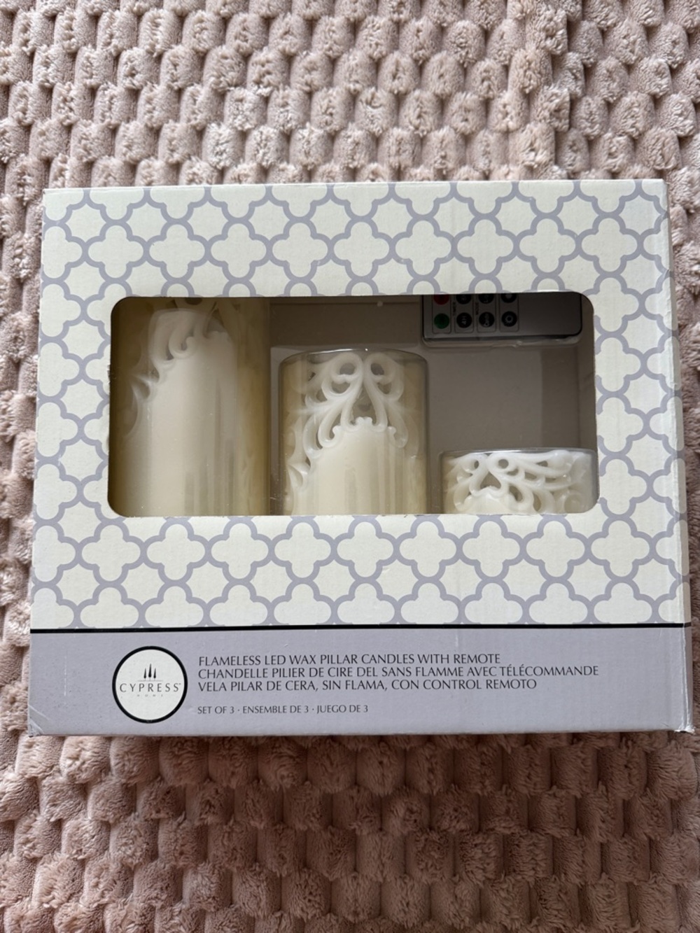 Cypress Ivory Carved Flameless Pillar Candle Set with Remote
